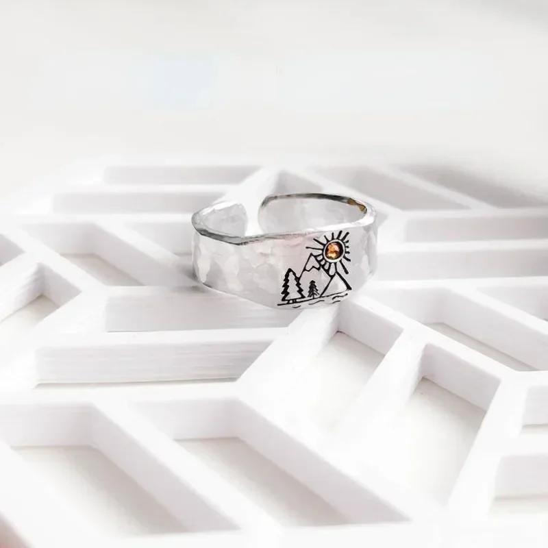 Vintage Ring Forest Mountain Sunset Nature Landscape Carved Ring for Women Men Open Adjustable Jewelry Fashion Ring