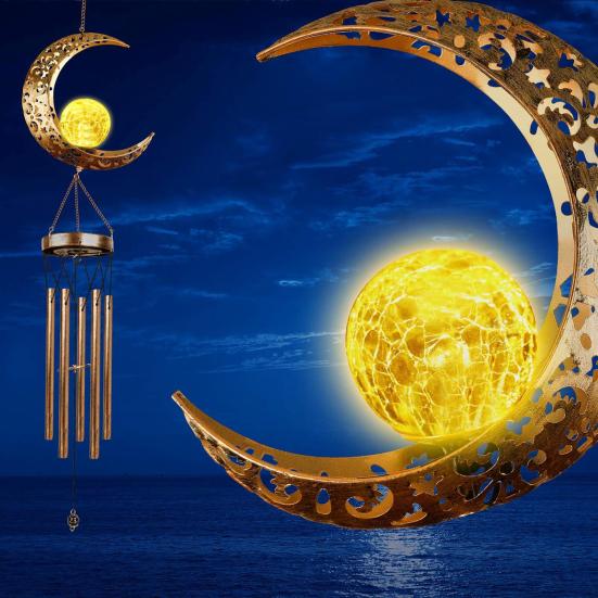 Solar Wind Chime for Outside Metal Waterproof Sun Moon Star Hanging Wind Chime