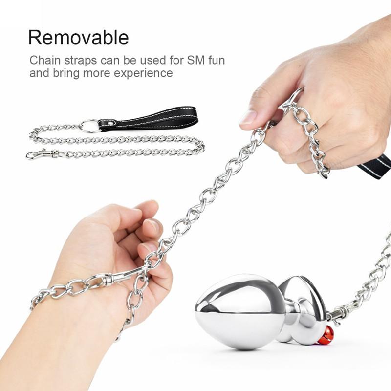 Crystal Heart Buttplug Stainless Steel Leash Chain Anal Plug Bells Pendant Prostate Massager SM Erotic Sex Toys For Women Men