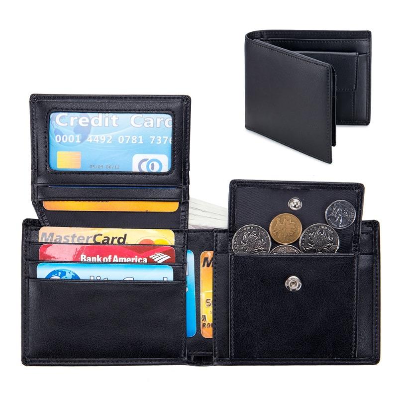 Genuine leather men s short wallet, new soft cowhide three-fold wallet, men s RFID multi-functional retro wallet
