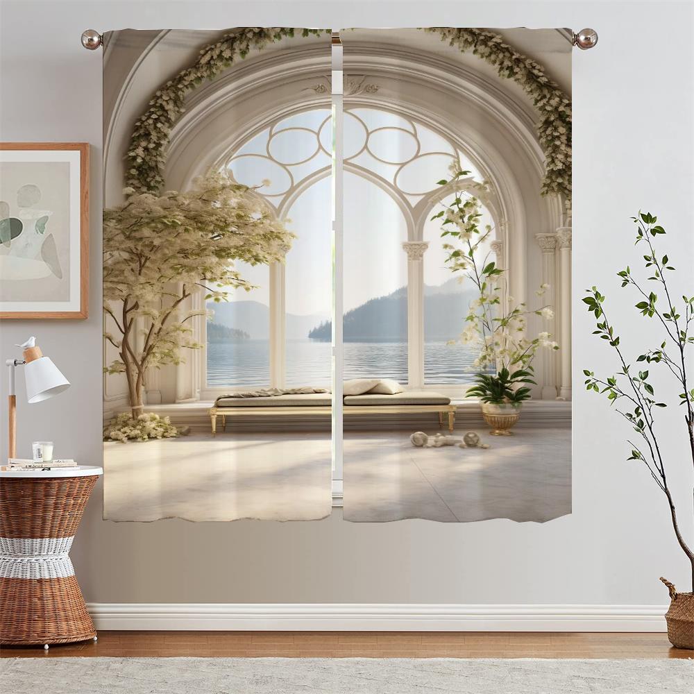 European Arch With Sea View Kitchen Curtain Tiebacks Elegant Room Curtains 2 Pcs Set Tulle for Living Room Decoration Blinds