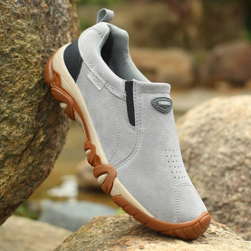 2025 Mens shoes Fashion Leather Mens Casual Sneakers Outdoor Breathable Hiking Shoes Men Non-Slip Trekking Shoes