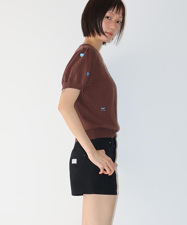 RONRON Ribbon Heart Pattern Half Knit Brown Blue