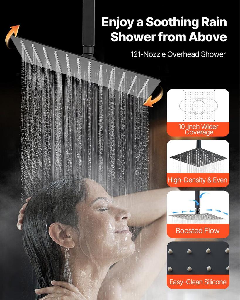 Shower Faucet Set, 254 mm Ceiling Mount Rainfall Shower System with 152 mm Wall Mount Head and 2 in 1 Handheld Spray, Rotatable 3-Function Dual Rain