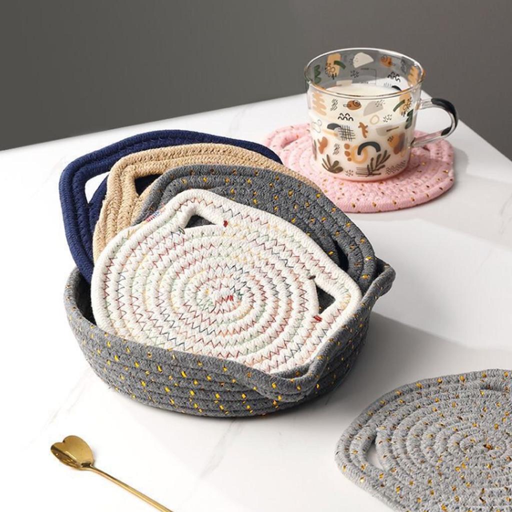 6Pcs Heat Resistant Table Mats with Cute Cats Ear Design for Pot and Bowls Washable Fabric Braided Cotton Cup Coasters