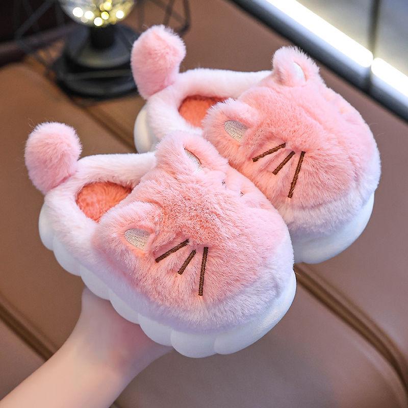 Winter Children's Home Plus Velvet Thickened Warm Non-slip Indoor and Outdoor Cartoon Cute Soft-soled Slippers