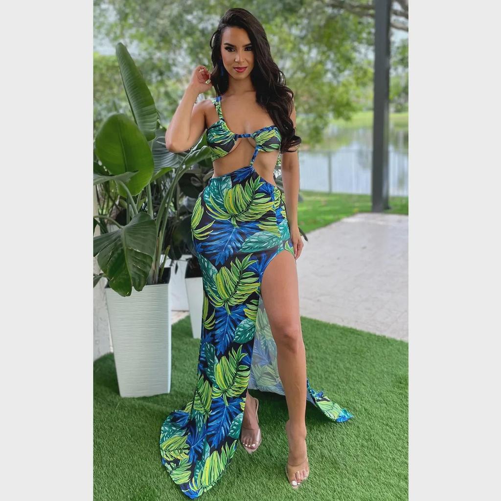 European & American Women's Printed Sexy Slit Sling Long Dress