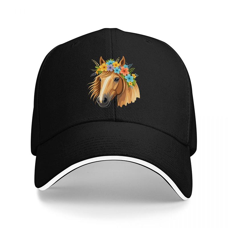 Floral Horse Head Design Baseball Cap Black Adjustable Hat with Colorful Flowers and Horse Pattern for Fashion and Style