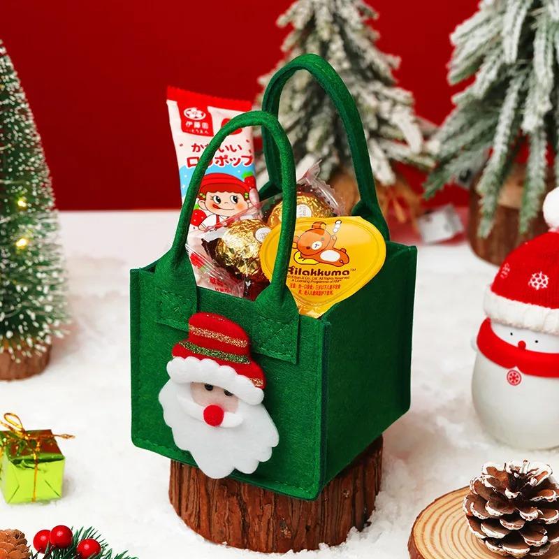 Christmas Gift Bag Santa Reindeer Design Durable Handbag Green Red Felt Texture Top Opening Ring for Kids Candy Gifts