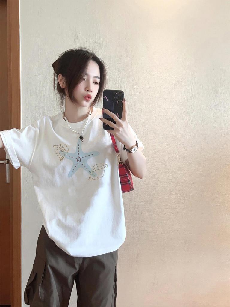 Fat MM Heavy Cotton American White Short-sleeved T-shirt Women's Summer New Loose Large Size Design Niche Top