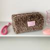 Plush Pink Color Leopard Print Schoolgirl Makeup Bag Large Cosmetic Tote Bag for Women Cute Portable Travel Hand Carry Organizer