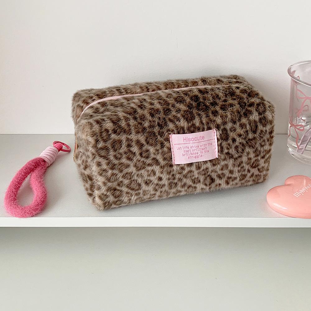 Plush Pink Color Leopard Print Schoolgirl Makeup Bag Large Cosmetic Tote Bag for Women Cute Portable Travel Hand Carry Organizer