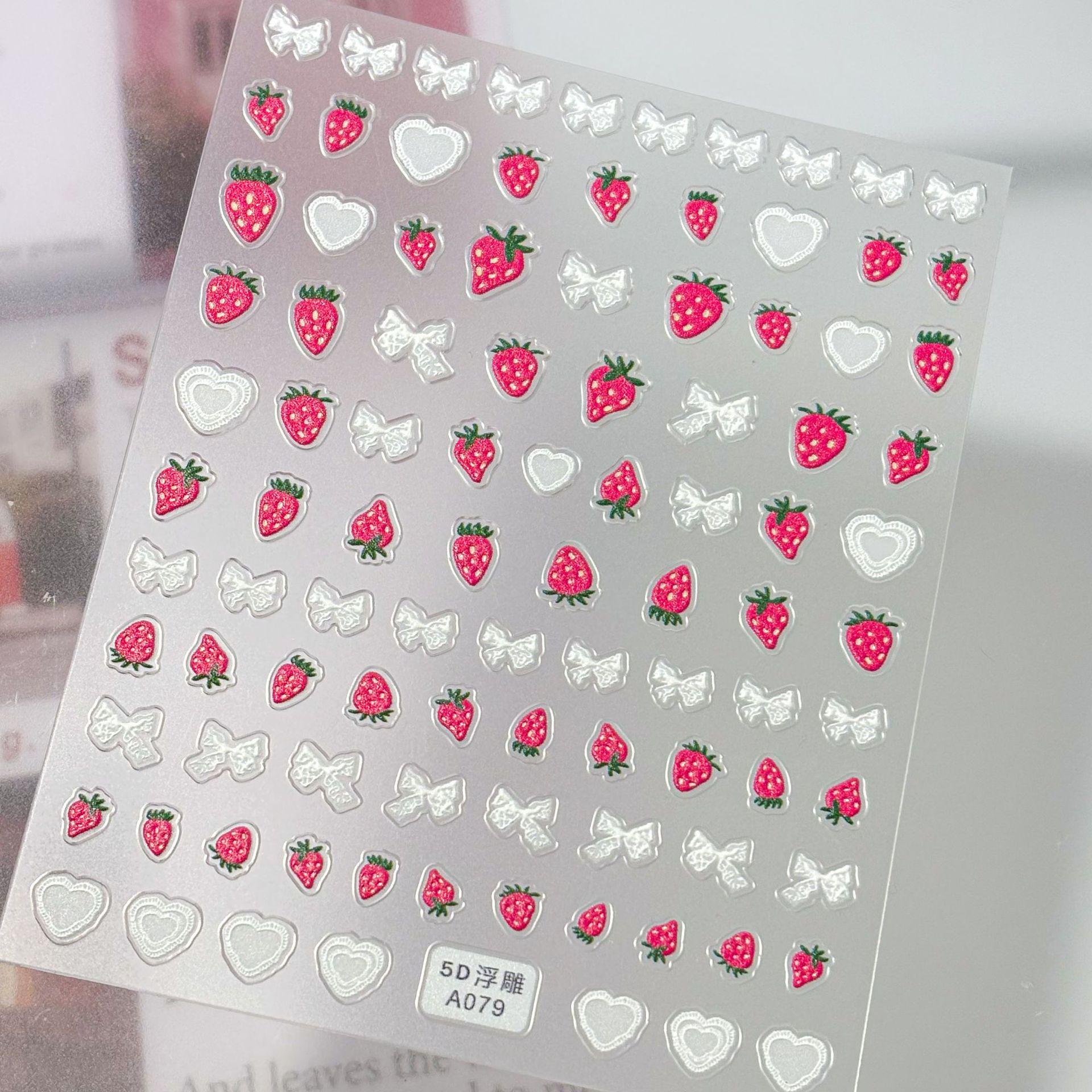 5D Embossed Pink Strawberry Nail Art Stickers - Dopamine Girly Ins Style