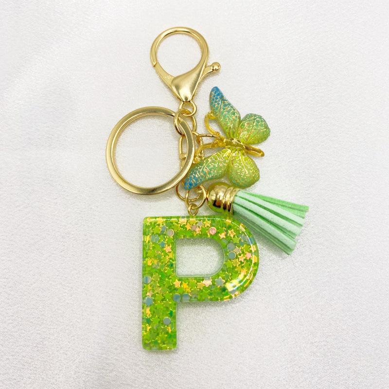 26-Letter Alphabet Resin Keychain with Star Sequins & Tassel Charm