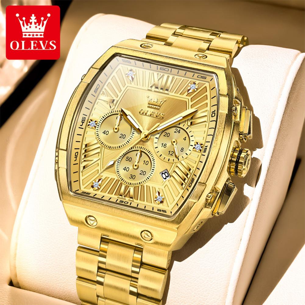 Tonneau Chronograph Men's Watches 30m Waterproof Quartz Original Wristwatch Stainless Steel Luminous Watch