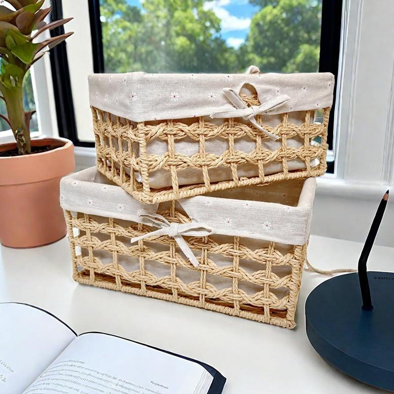 Rectangular Wicker Basket Cube Storage Box Wicker Storage Basket Hand-Woven Paper Rope Decorative