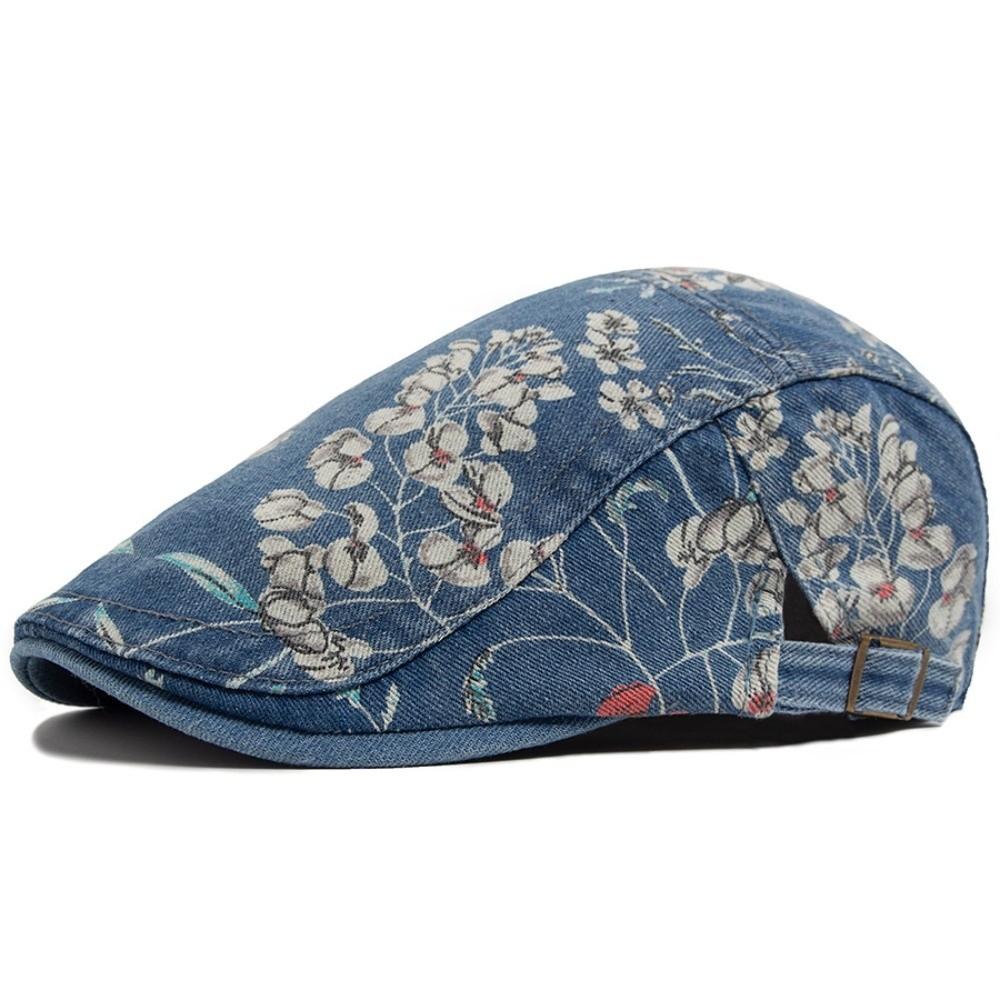 Ethnic Style Flower Print Beret Hat Thin Breathable Artistic Hat Washed Denim Adjustable Peaked Cap Women Men