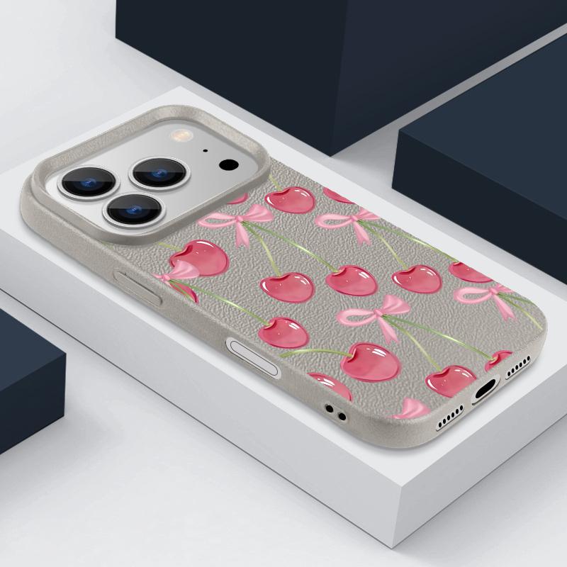 Custodia con Motivo di Frutti di Ciliegia Cristallini e Fiocchi per iPhone 17 Pro Max Copertura Morbida in Silicone con Texture in Pelle per iPhone 16 15 14 13 Pro 12 11 16E Air