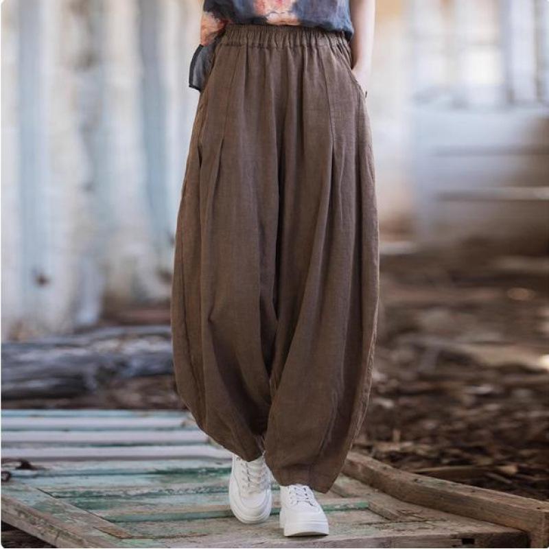 Women Vintage Cotton Linen Bloomers Pants Elastic Waist Solid Color Loose Casual Spring Long Pants