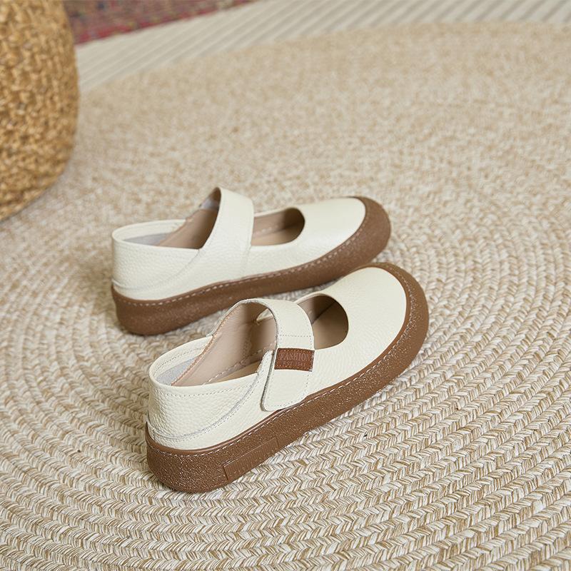 First layer cowhide retro Mary Jane shoes women's shoes 2025 Korean version Velcro flat casual shoes genuine leather mother shoes