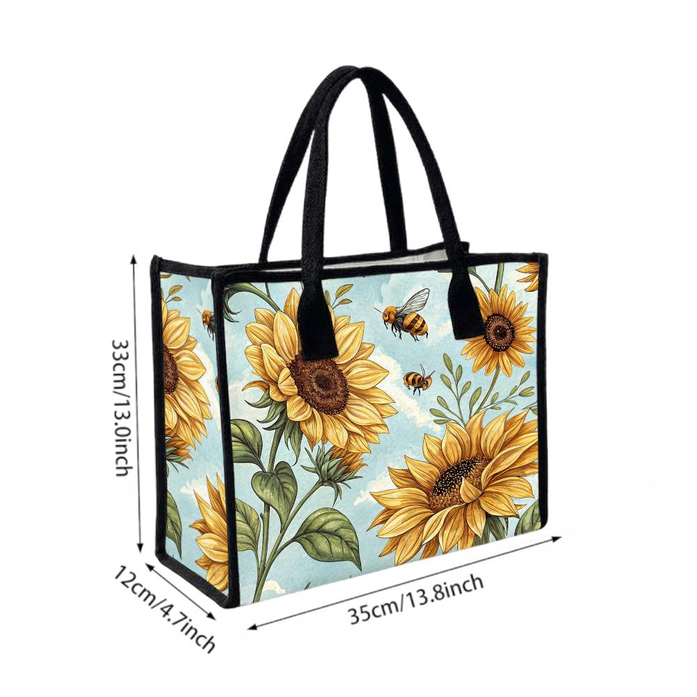 Sunflower Bee Printed Casual Tote Bag Fashion Portable Daily Use Handbag