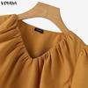 VONDA Damen Plissee V-Ausschnitt 3/4 Ärmel Einfarbig Lässige Bluse