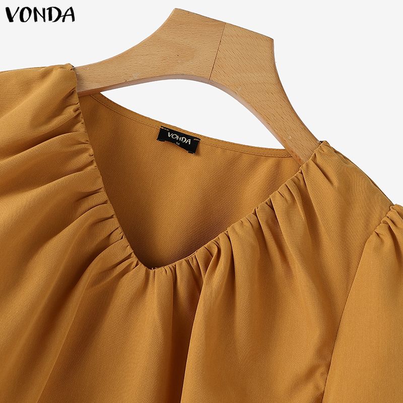 VONDA Damen Plissee V-Ausschnitt 3/4 Ärmel Einfarbig Lässige Bluse