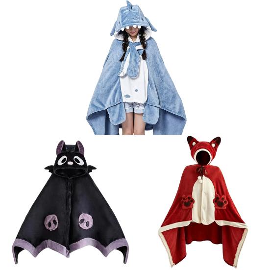 Soft Plush Cape Bat Blanket Hoodie for Adults, Cute Shark Fox Hooded Cape, Warm Wearable Cozy Halloween Cosplay Home Loungewear