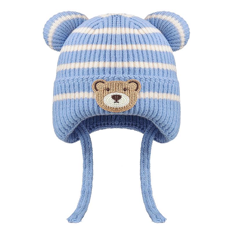 Children's Winter Earflap Hat - Striped Woolen Bear Design for Boys and Girls