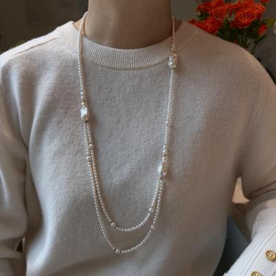 Elegant French Double Layer Pearl Pendant Necklace: Simple, Fashionable & Versatile Sweater Chain