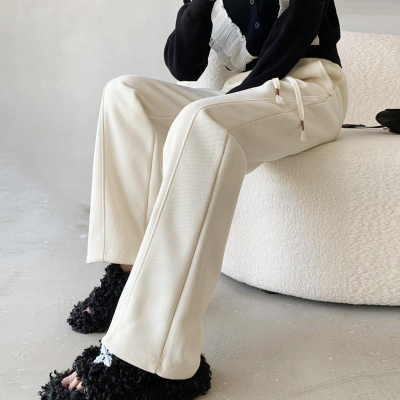 Autumn Winter Elastic Waist Loose Casual Wide Leg Pants Women Solid Color Drawstring All-match Straight Trousers