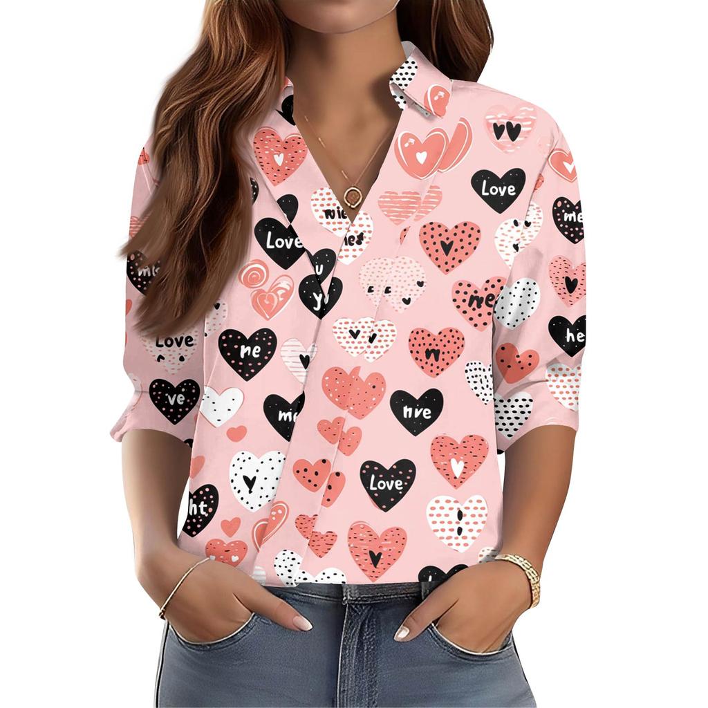 Damen 3/4-Ärmel V-Ausschnitt Hemd Bedruckt Arbeitskleidung Lässig Regulär Hemdkragen Oberteil