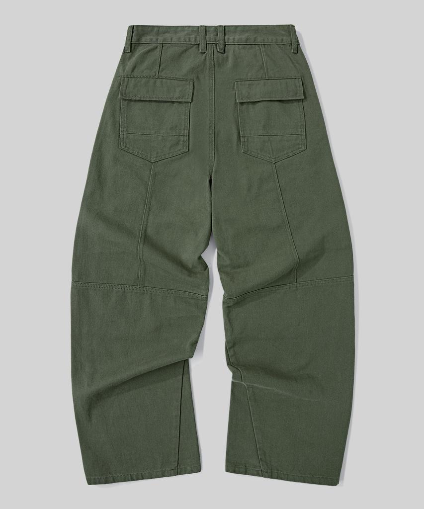 Beodeonteu Curved Cut Multi-Dart Wide Twill Pants [Khaki]