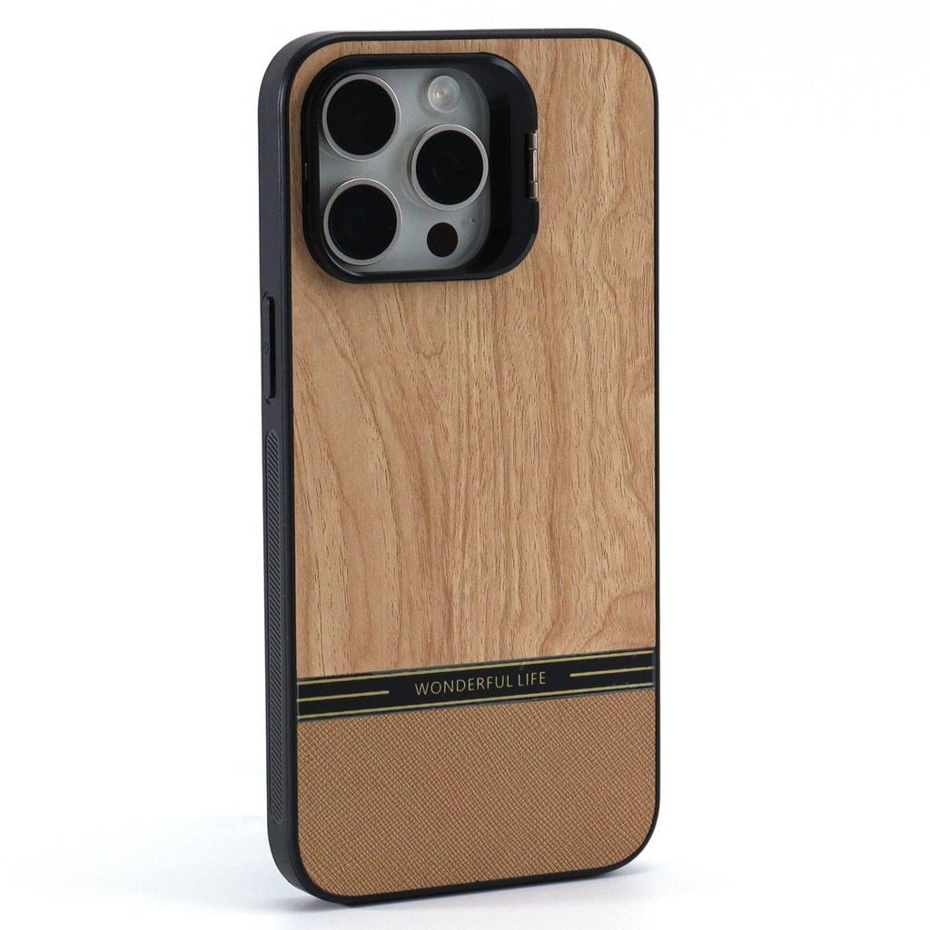 For iPhone 14 Pro Max Case Lens Frame Kickstand TPU+PC Wood Grain Phone Cover