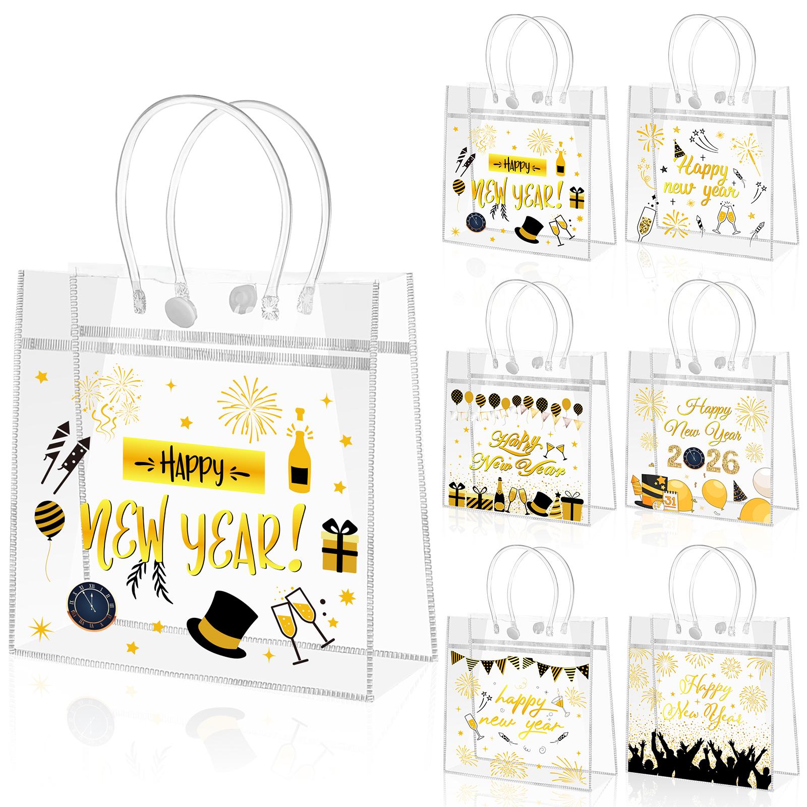 24 Pack New Years Eve Party Bags Happy New Year Gift Bag Christmas Decorations New Years Eve Clear Pvc Gift Bags With Handles Re A