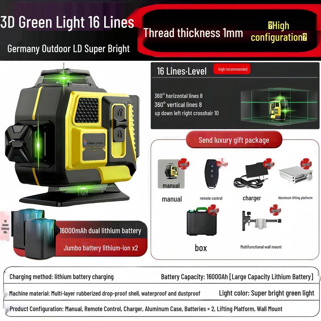 12-Line High-Precision Green Laser Level, Wall/Floor-Mounted, Automatic Leveling for Indoor/Outdoor Use