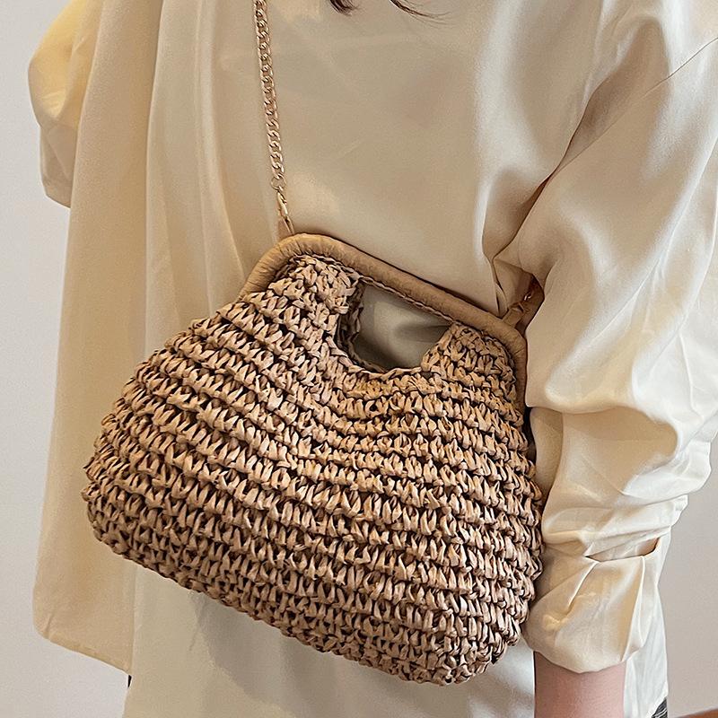 Solid Color Hand Carry Straw Woven Bag Hand-held Straw Bag Woven Bag Women's Seaside Beach Bag Underarm