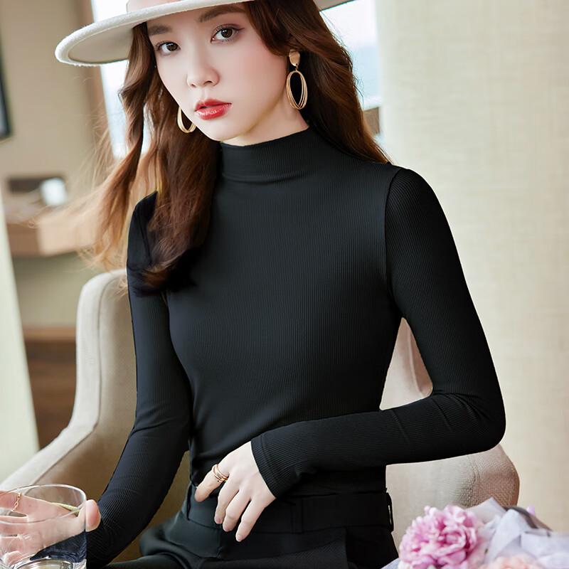 

Жіночий приталений трикотажний топ з довгим рукавом і коміром-стійкою 3XL