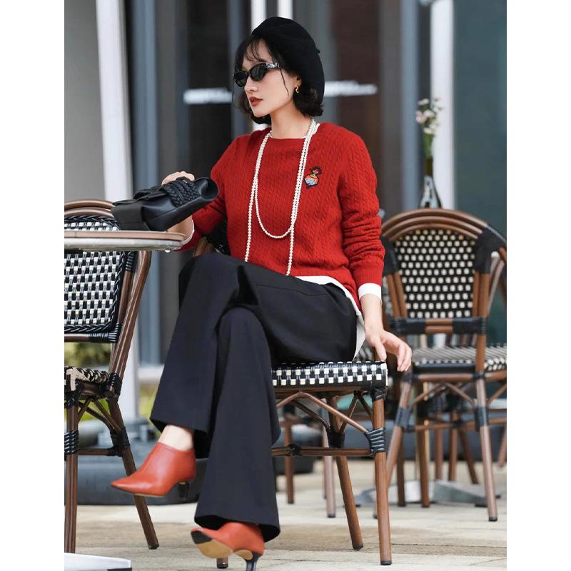 2024 Winter Fushou Sanduo Women's Embroidered Wool Round Neck Sweater Pullover