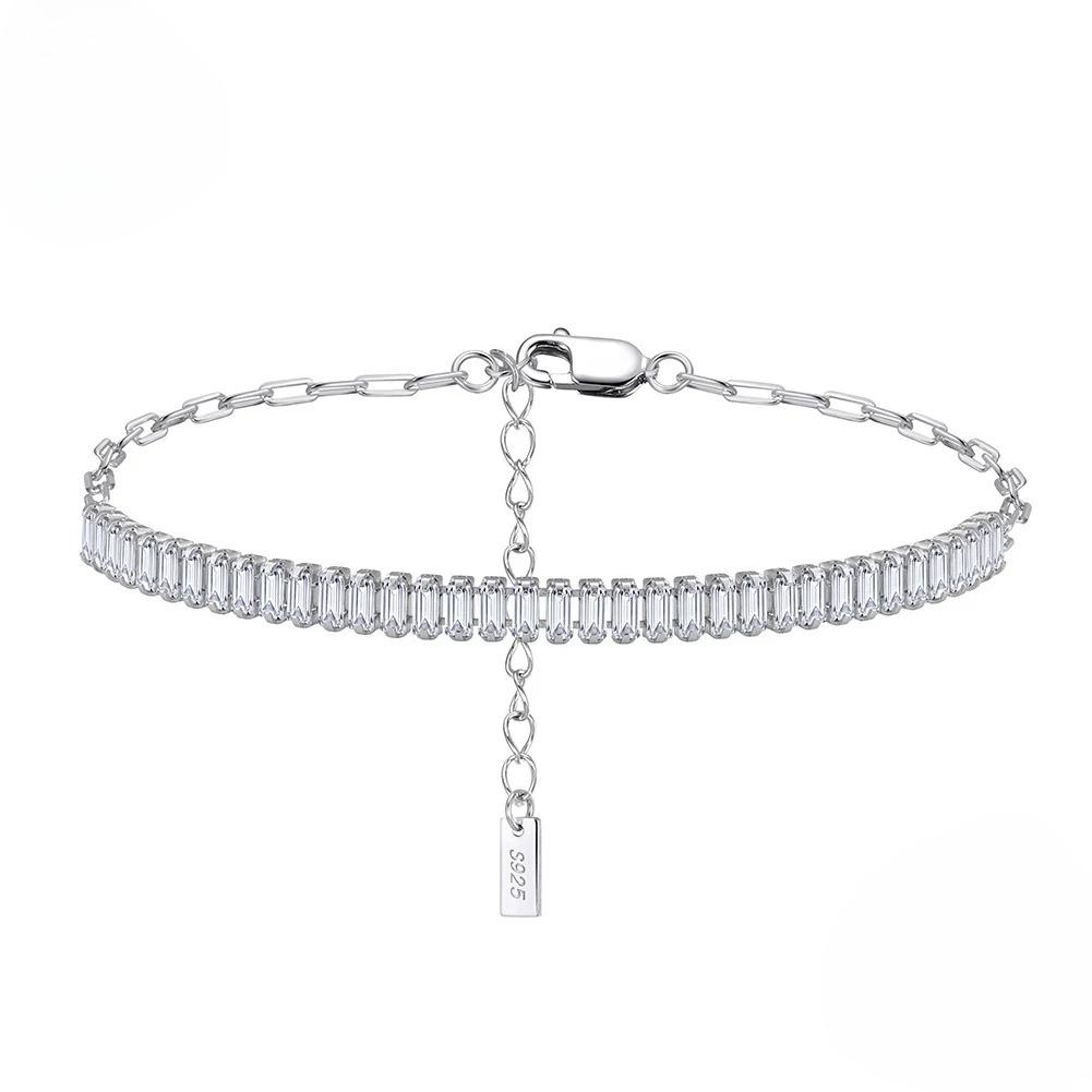 Solid Silver Tennis Bracelet Emerald Cut with PaperClip Chain Cubic Zircon Bracelet Elegant Shiny Female