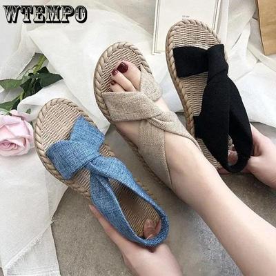 Women's Summer Flat-bottomed Sandals All-match Denim Cloth Cover Roman Shoes Korean Version Non-slip Wear-resistant Sandals Slippers