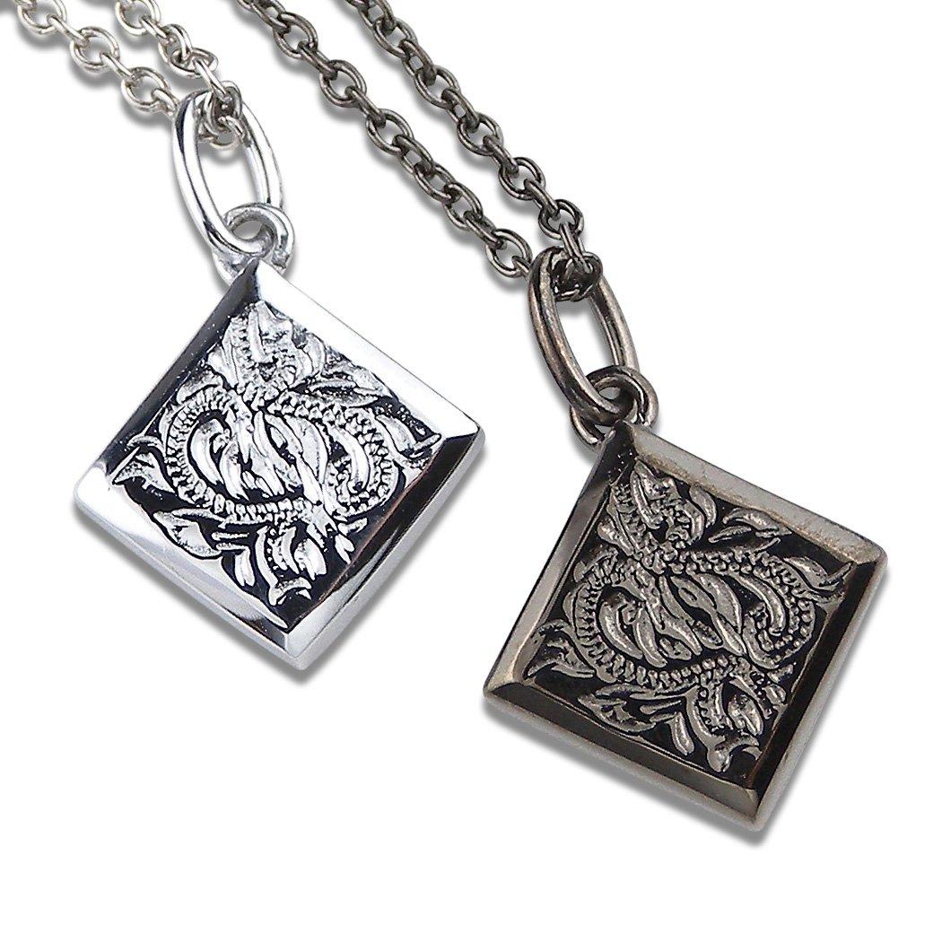 

[Aloha Lokahi] Hawaiian Jewelry Pair Necklace, Stainless Steel, Surgical Stainless Steel Pendant, Square Scroll, Black Silver Accessory [with Figaro