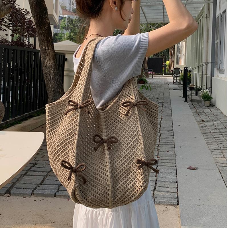 Women Crochet Tote Candy Bag Fashion Knitted Large Capacity Woven Shoulder Bags Solid Color Simple Shopping Bag for Summer Beach CLE