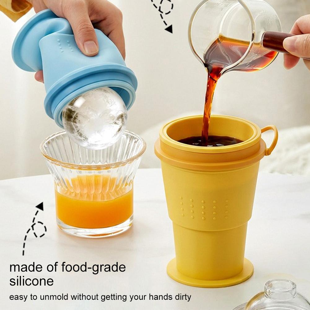 2-in-1 Collapsible Silicone Ice Ball Cup Reusable Portable Ice Sphere Mold with Straw Lid for Coffee Juice Drinks
