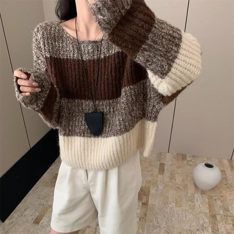 Soft Waxy Lazy Wind Striped Design Sweater Women's Autumn and Winter Retro Loose Round Neck Pullover Top