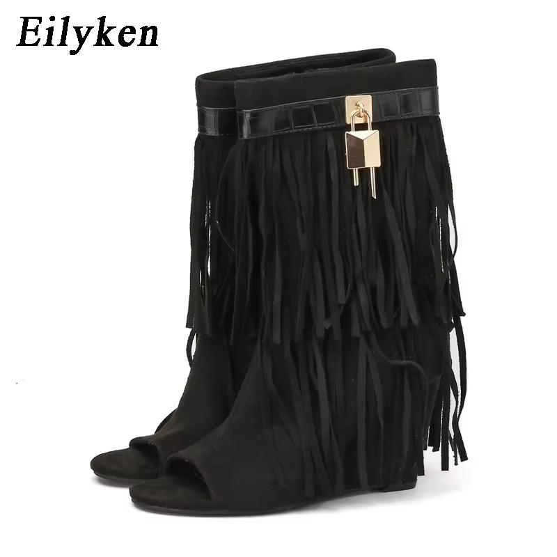 

Fashion Eilyken Spring Autumn Design FRINGE Wedges High Heels Women Boots Sandals Peep Toe Zipper Banquet Street Style Shoes 35 чорний