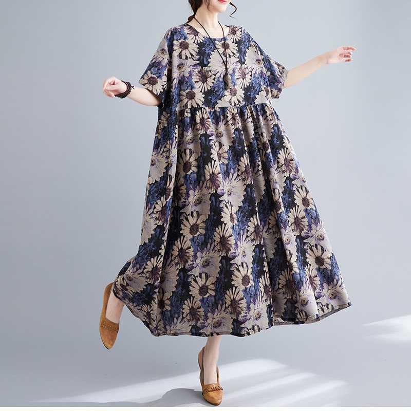 Loose and Fashionable Printed Cotton Linen Short Sleeved Casual Dress