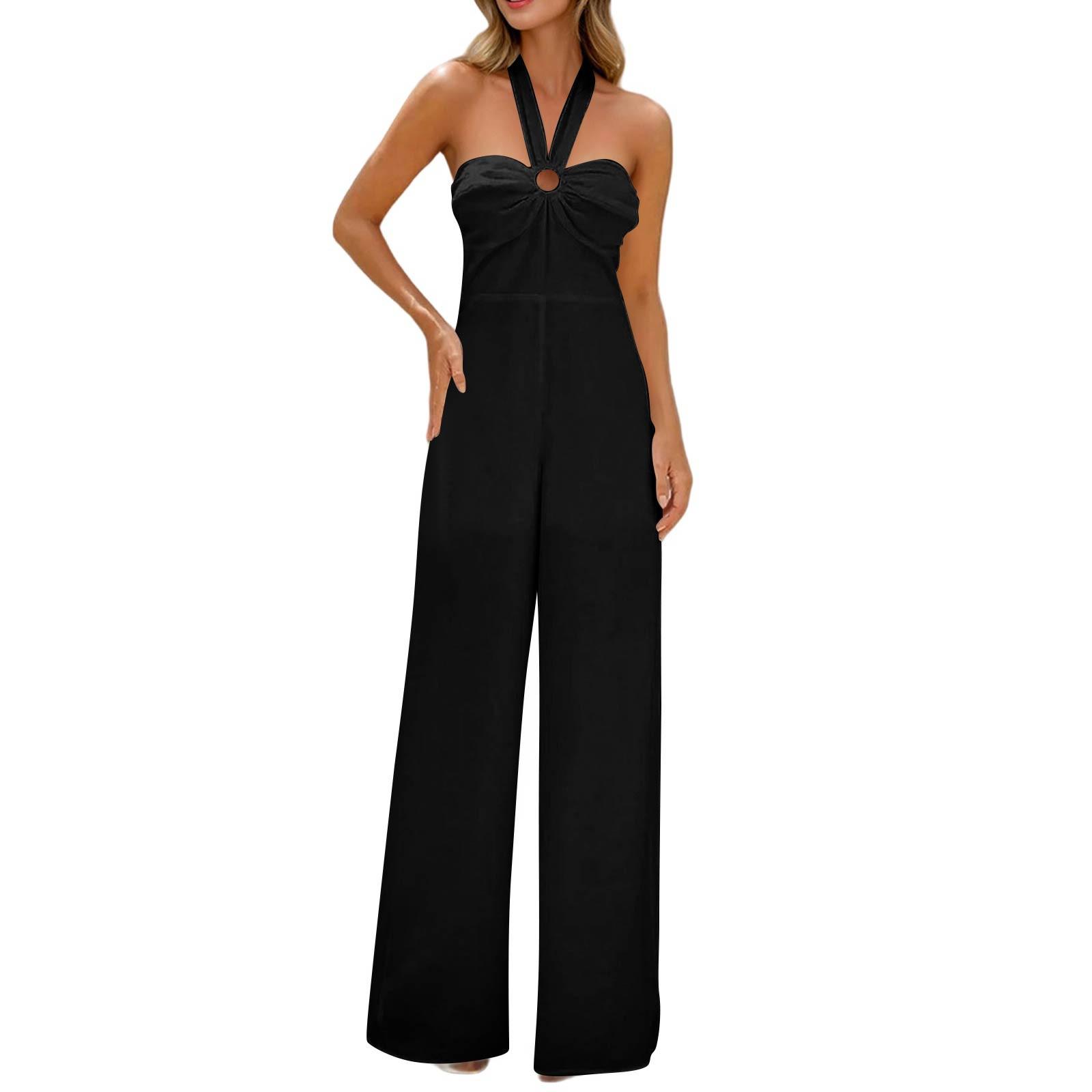 

Женский модный сексуальный облегающий прямой однотонный комбинезон с висячим вырезом S чёрный