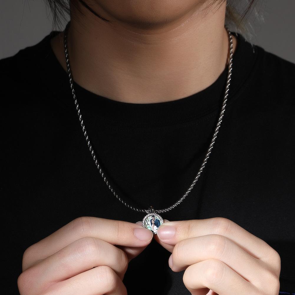 Creative micro-set zircon mini round memory photo frame pendant trendy DIY color printing photo necklace
