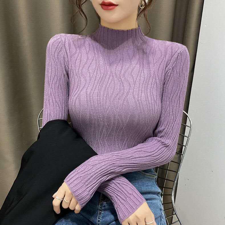 Autumn/Winter Women's Slim Fit Long-Sleeve Knitted Sweater with Semi-High Collar